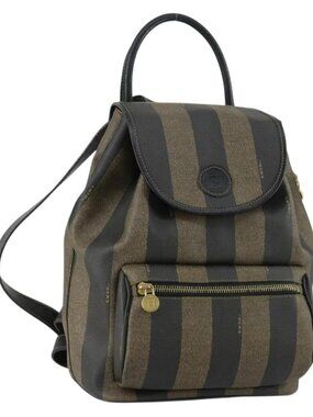 FENDI Pecan Canvas Backpack PVC Brown Black gold Auth ka1008